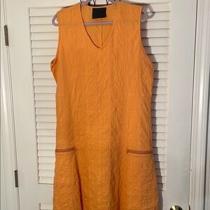 Blanque Vibrant Orange  A-Line V-Neck Sleeveless Midi Dress with Deep Pockets